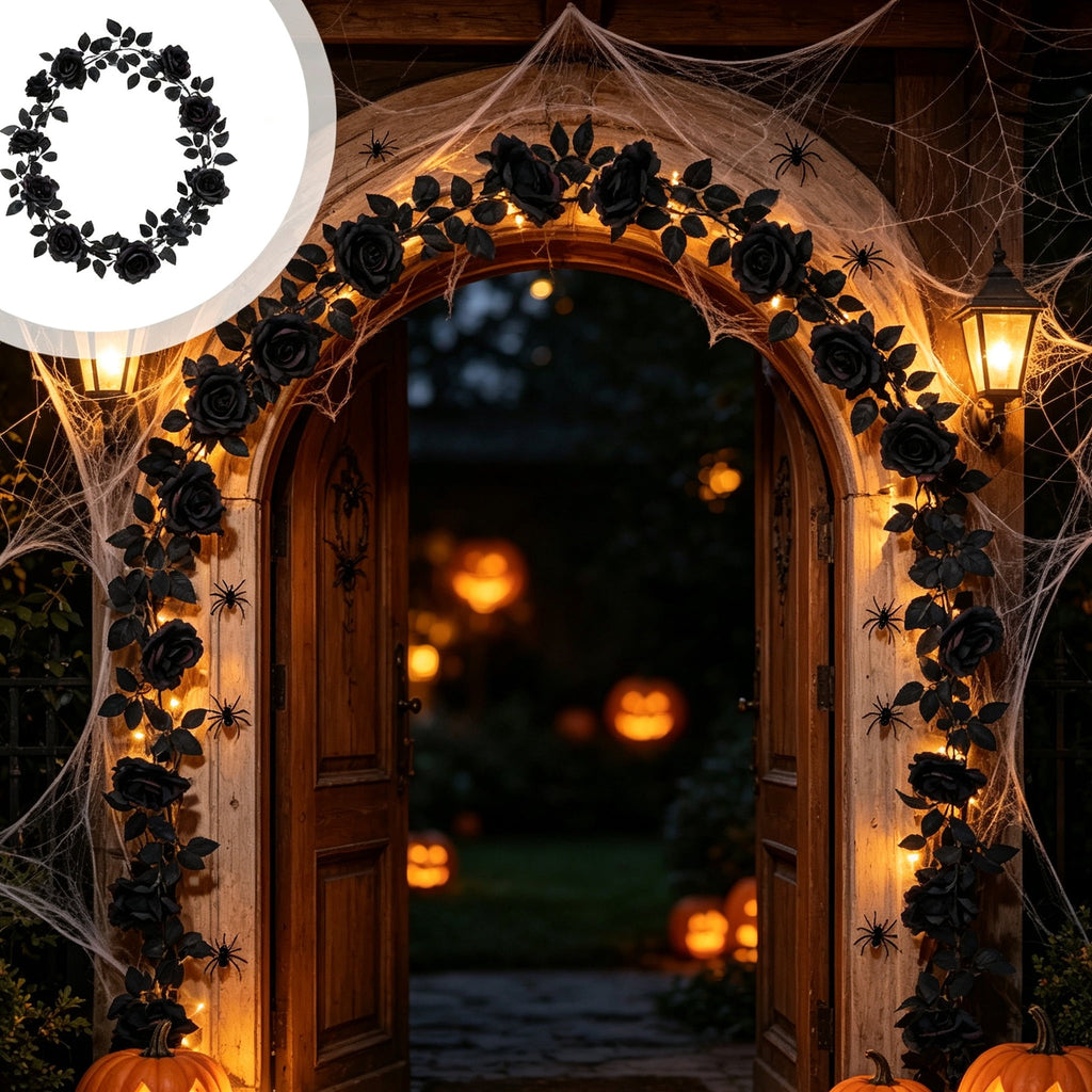 Halloween Black Garland with LED Lights 70.87 Inch Gothic Foliage for Mantel Stair Halloween Party Home Indoor Decor