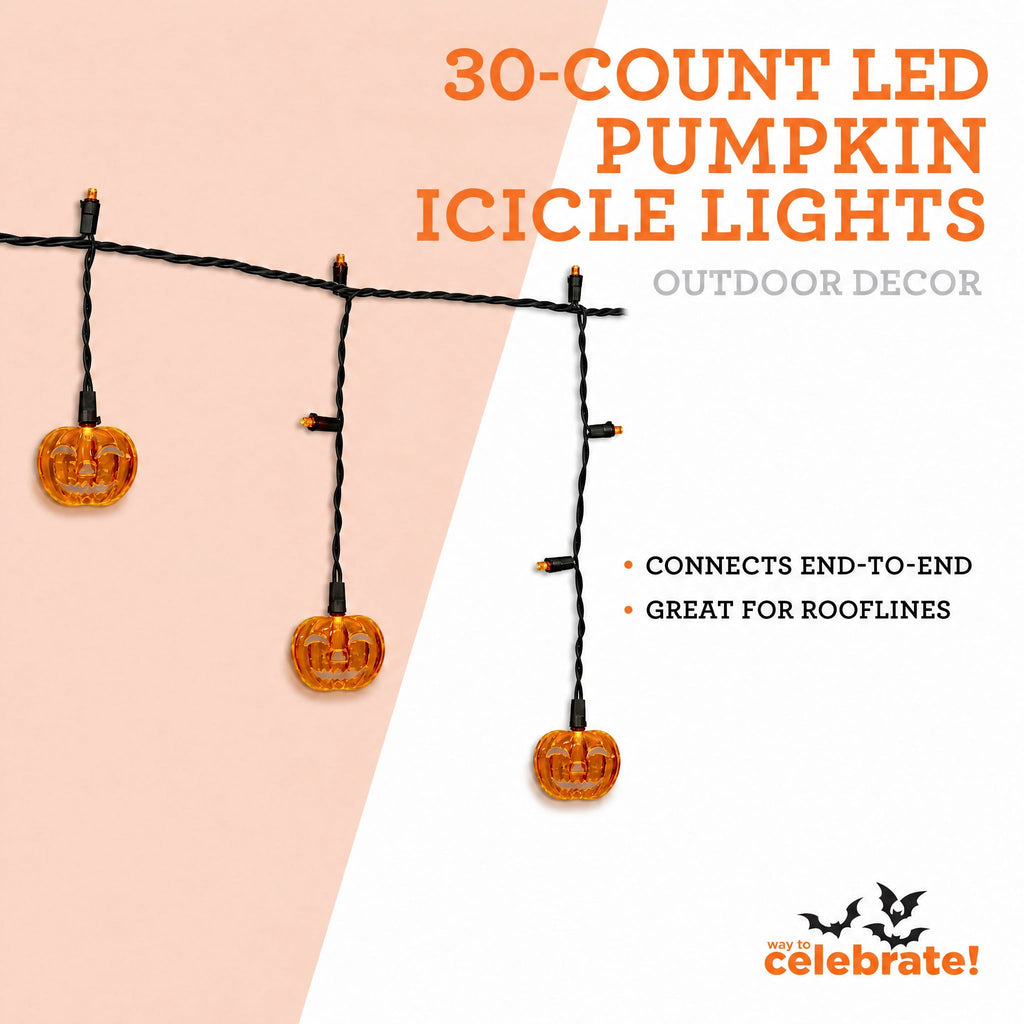 Indoor/Outdoor 30-Count LED Pumpkin Icicle Lights, Orange, 6', Halloween by Way To Celebrate