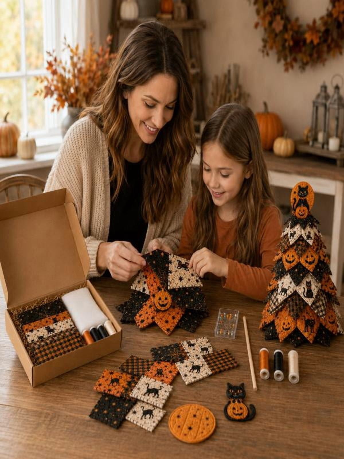 DIY Halloween Quilted Fabric Tree Kit, Sewing Project Holiday Mantel Decor, Quilted Patchwork Fabric Halloween Tabletop Christmas Tree, Handmade Gifts for Craft Lovers, Charming Patchwork Bundle #Cat