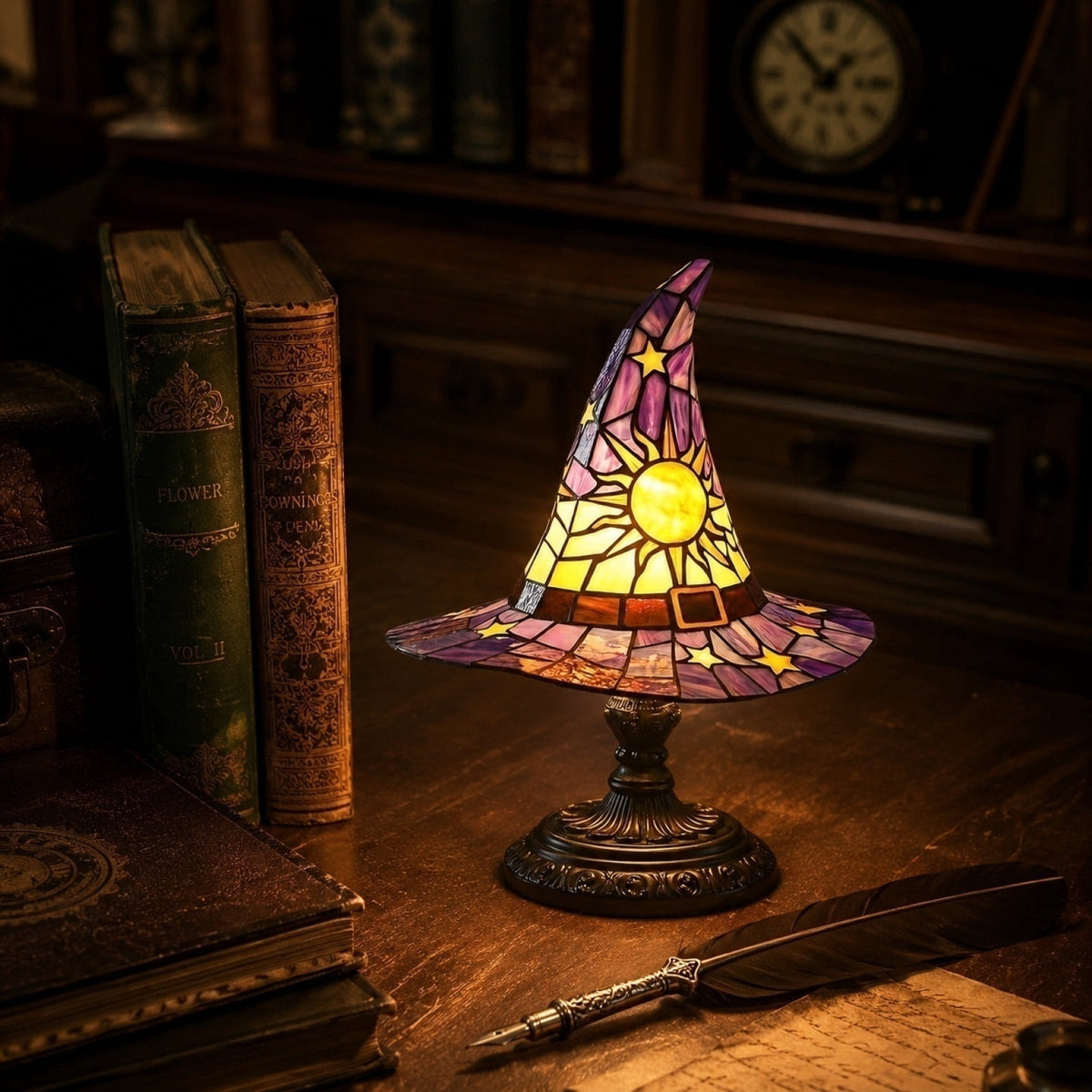 Stained Glass Witch Hat Lamp Gothic Halloween Lighting Decor, Vintage Witchy Hats Night Lights, Handcrafted Retro Resin Table Lamp for Bedroom, Living Room & Home Decor