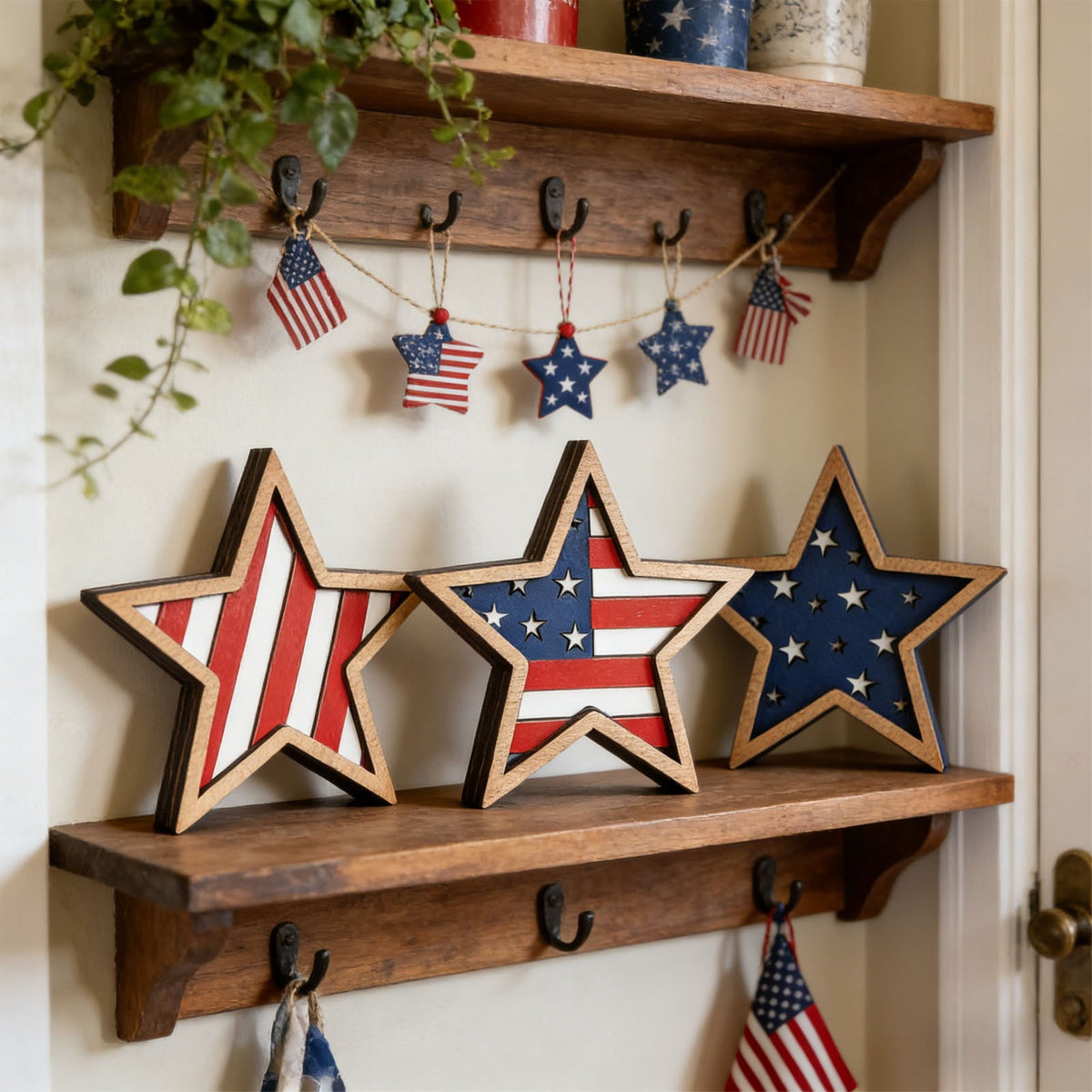 Japceit 3Pcs 4Th Of July Decorations Wooden Stars,Red White Blue Patriotic Decor, Independence Day Ornaments Set,For Home Office Table Shelf