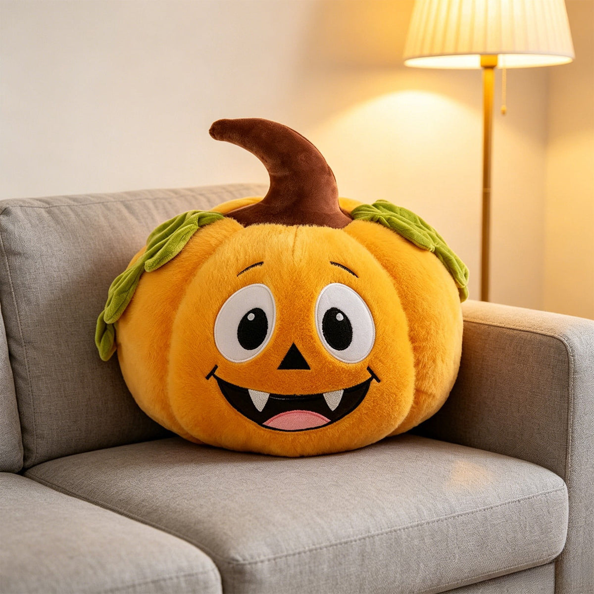 Pnmtdaia Orange Cute Smiling Fangs Pumpkin Plush Throw Pillow, Cozy Stuffed Halloween Thanksgiving Spooky Themed Decorative Cushion for Living Room Bedroom Home Holiday Decor
