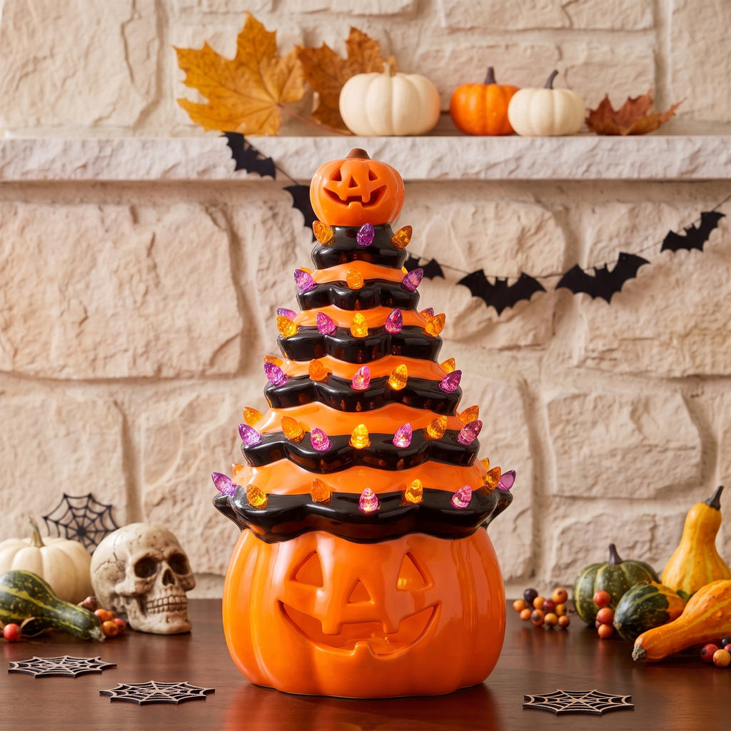 Joyfy 8.5 inch Halloween Decorations Ceramic Gnome Tree Decorations with Build-in LEDs,Light Up Pumpkin Table Decor Bedroom Indoor Centerpieces for Tables