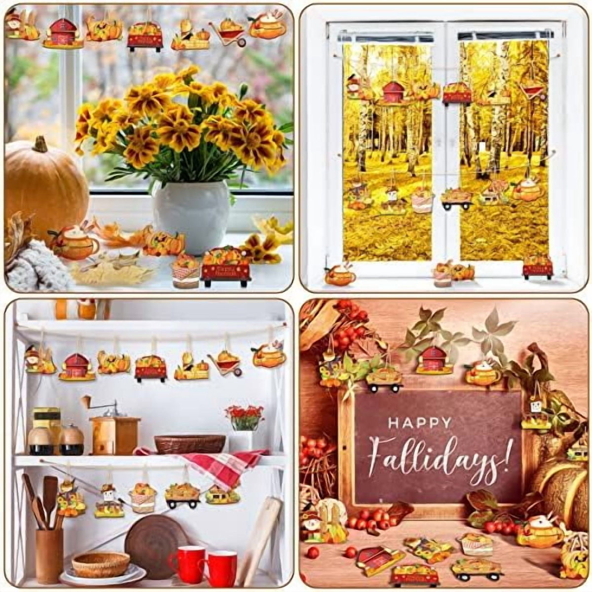 48 Piece Fall Wooden Tree Ornaments Pumpkin Scarecrow Thanksgiving Maple Leaf Decorations