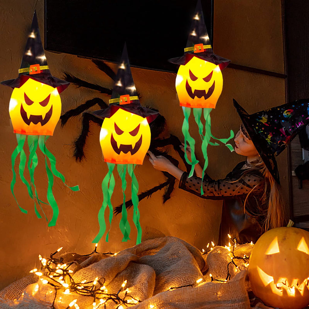 TETOU 5Pcs Halloween Decorations Outdoor Hanging Lights, Glowing Pumpkin Witch Hat Led Scary Light for Indoor Outside Party Tree Garden Porch Halloween Decoration - Warm Color