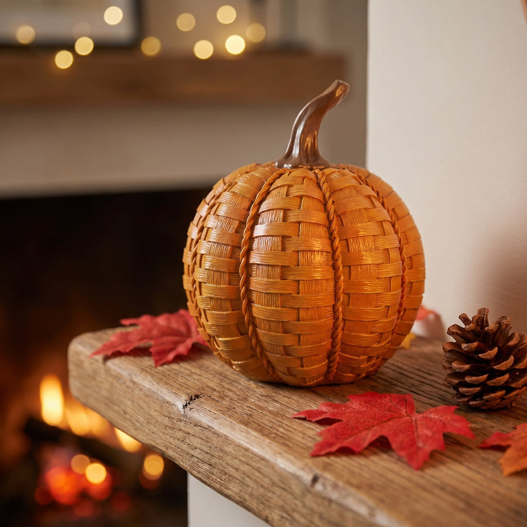 Halloween Resin Faux Pumpkin Decor – 11cm Tall Simulated Woven Pattern Pumpkin Ornament – Halloween Party Decorations for Yard Garden Holiday Layout