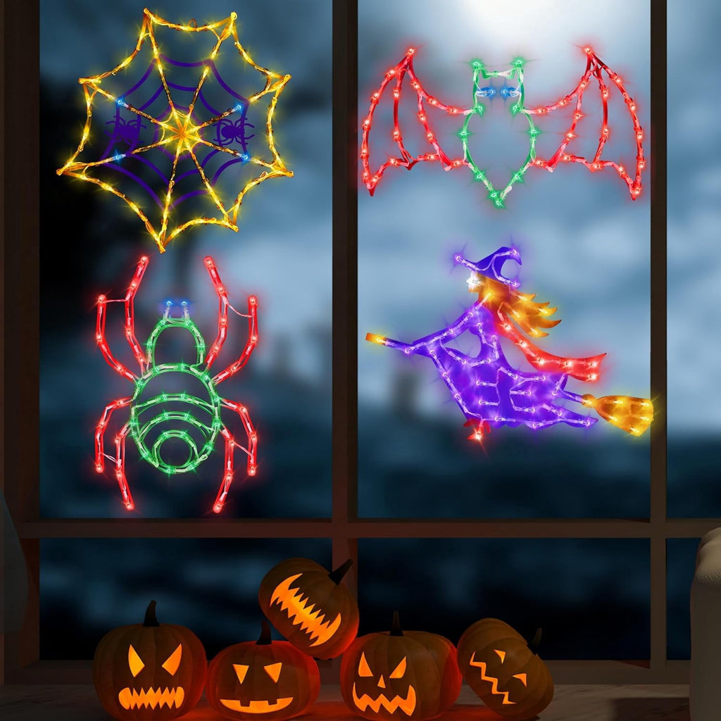 16" Halloween Window decorate Plug Light Witch Bat Spider Web door decor-4 Pack