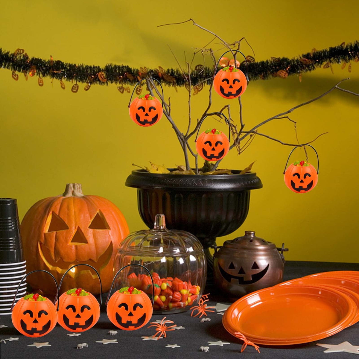 Kyusrd Trick or Treat Halloween Lantern Pumpkin Decoration Lighted Table Centerpieces Ornaments Spooky Pumpkin Prop Decor Decorative Wedding Candy Bowl Organizer Canisters