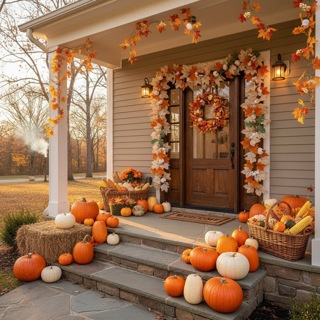 Fall Halloween Decoration for Home Indoor Outdoor Clearance Under $5.00!Artificial Maple Leaf Vines Home Decor Faux Flowers Simulated Pumpkins Artificial Maple Leaves For Thanksgiving Festival