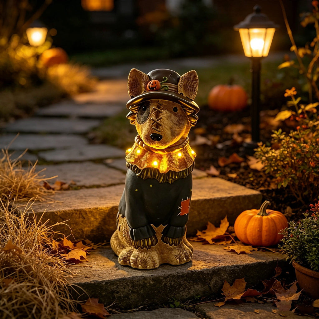 Fall Decorations for Home, 7.9in Lighted Halloween Scarecrow Dog Figurine, Resin Thanksgiving Halloween Garden Dogs Figurines for Autumn Harvest Porch Yard Garden Decor