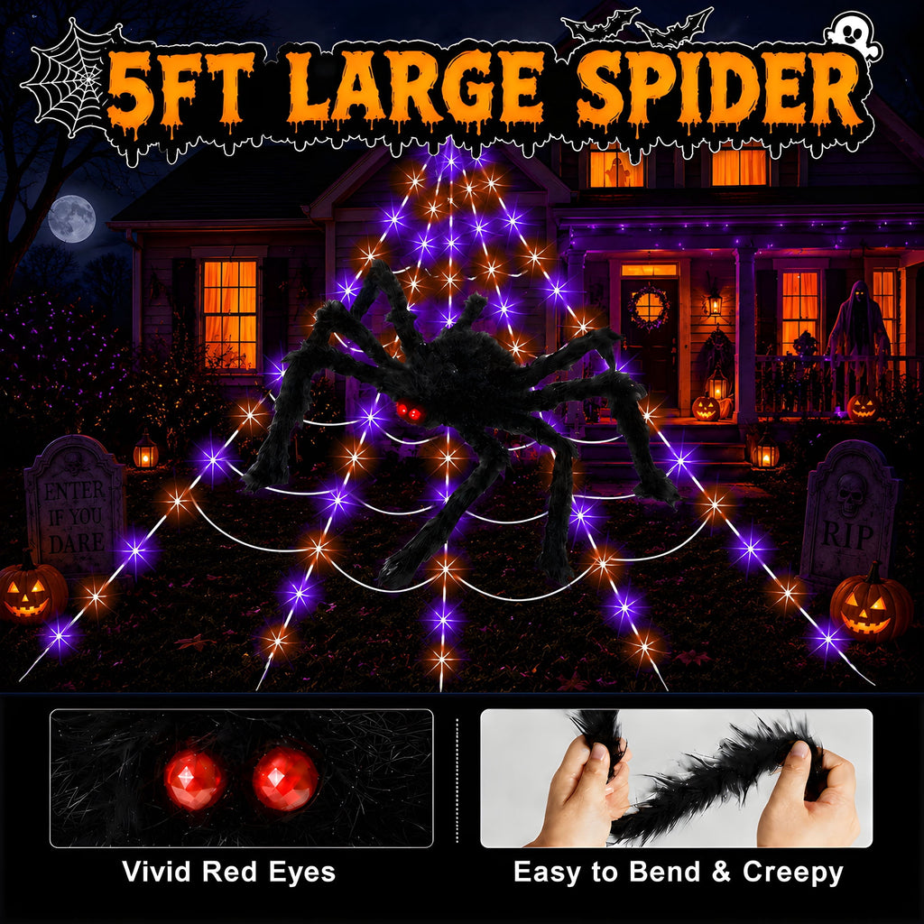 VOLIVO Halloween Spider Web Lights, 5 FT Giant Spider + 15.7 x 16.4 FT Light-up Triangular Web, 250 LED 8 Modes Waterproof Decor for Indoor Outdoor (Purple)