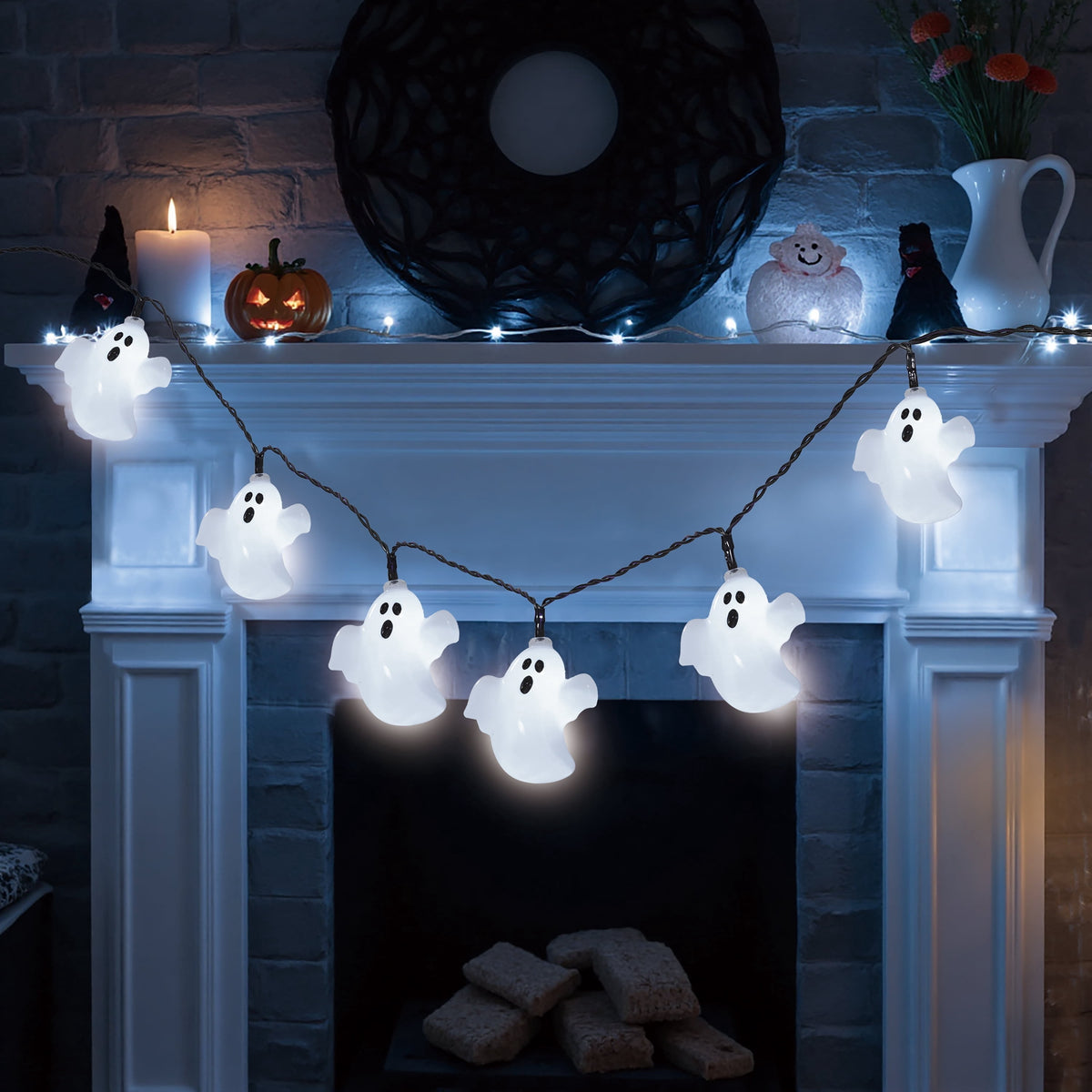 Indoor 10-Count Battery-Operated LED Ghost String Lights, Cool White, 4.5', Halloween by Way To Celebrate