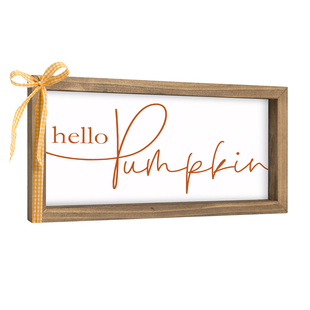 11.8×6 Inch Hello Pumpkin Sign, White Wooden Fall Decorations for Home Farmhouse, Autumn Decor Indoor Table Wall Shelf Desk Mantle Office Rustic Thanksgiving Harvest Decorative Signage