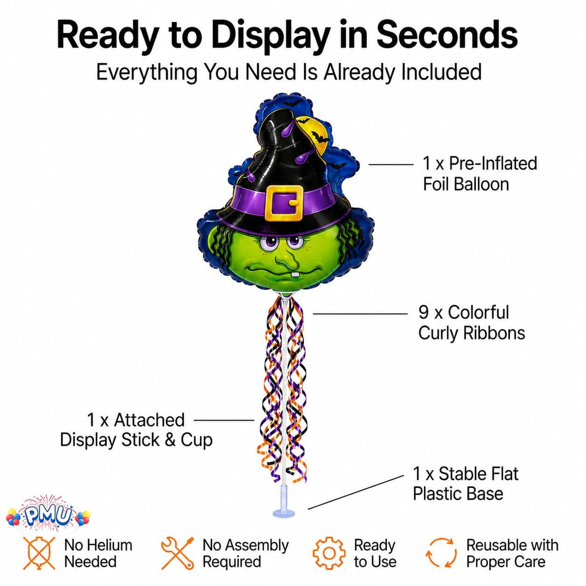 PMU Halloween Pre-Inflated Balloons "Whimsical Pumpkin" 9 Inch Air-Filled Pre-inflated with a Cup and a Stick (1/Pkg) Pkg/1