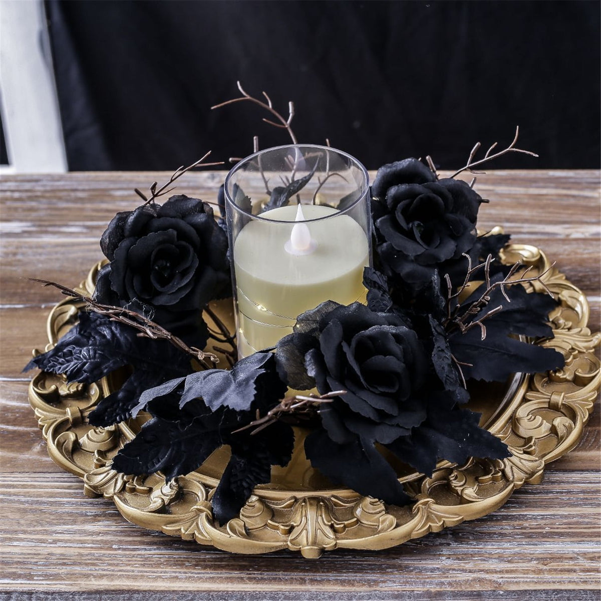 TETOU 2Pcs Halloween Candle Rings Wreath for Pillar Candle Holder, Maple Leaf Black Rose Small Wreaths for Fall Thanksgiving Home Table Centerpieces, Cabinet Decorations - Black