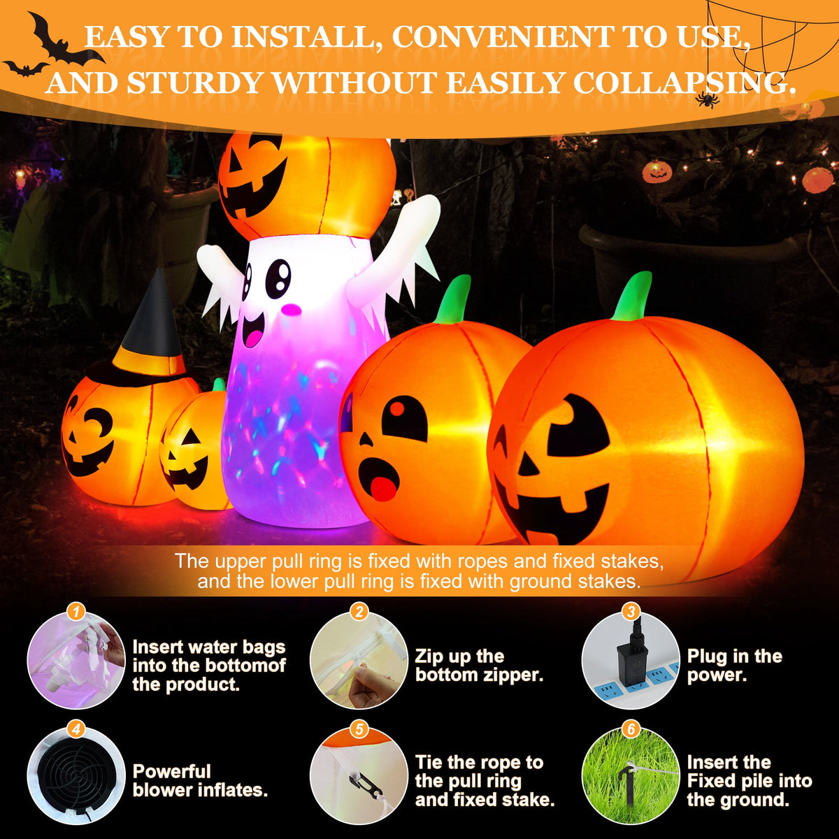 Yexmas 8FT Halloween Inflatable Decoration with Ghost, Black Cat and Pumpkins,Built-in LED Lights, Blow Up Halloween Yard Decor for Indoor/Outdoor Party,Yard, Lawn