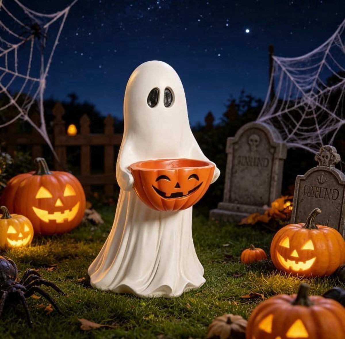 Homellea Ghost Figurine with Pumpkin Candy Bowl, 13.7 Inch Halloween Decorative Statue for Covered Porch, Entryway, Tabletop, Mantel, Shelf, Yard Display and Fall Home Decor Accent