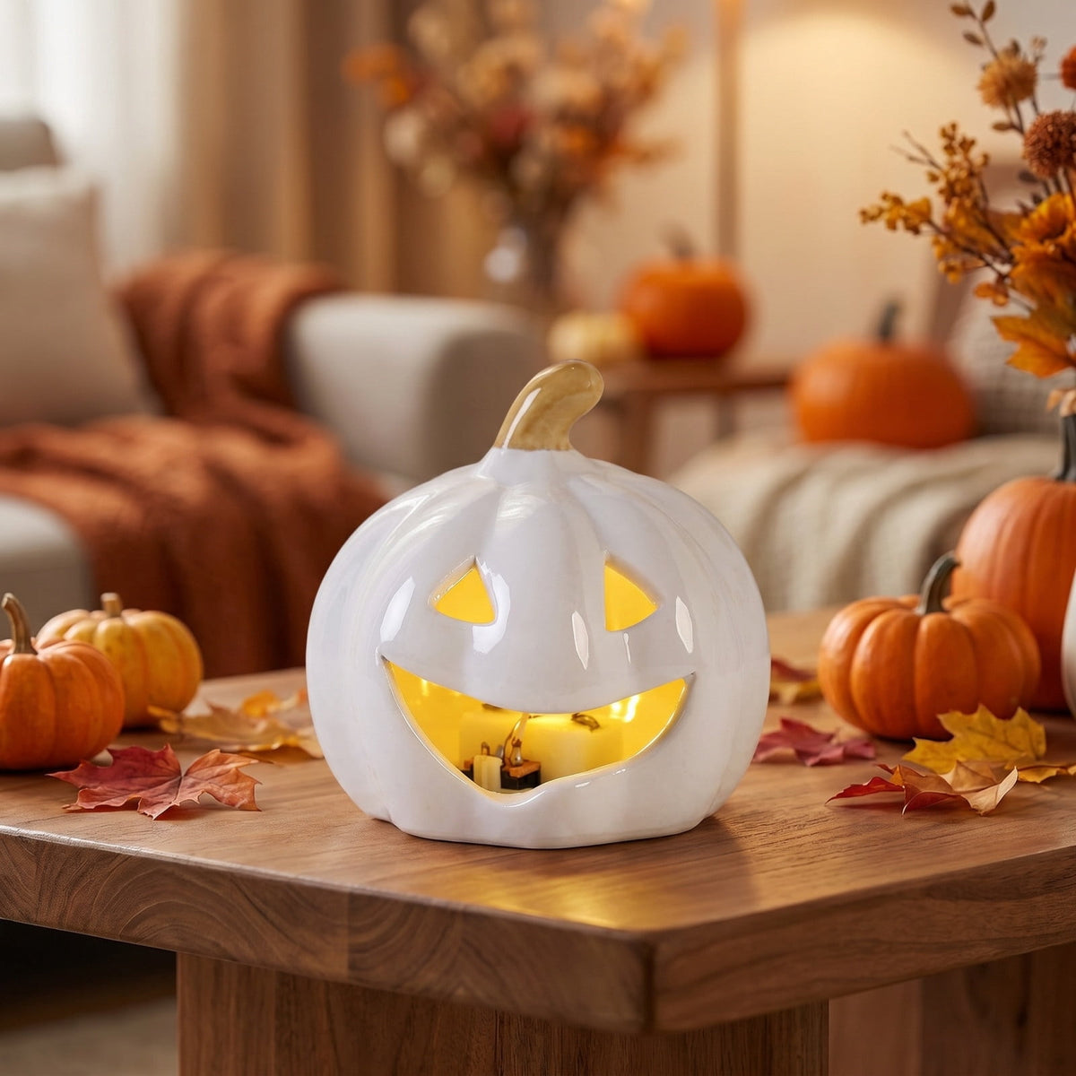 LEFXSMR Pumpkin Night Light, Ceramics Glowing Pumpkin Decor with Led, Waterproof Halloween Light for Home Holiday Desktop Decor