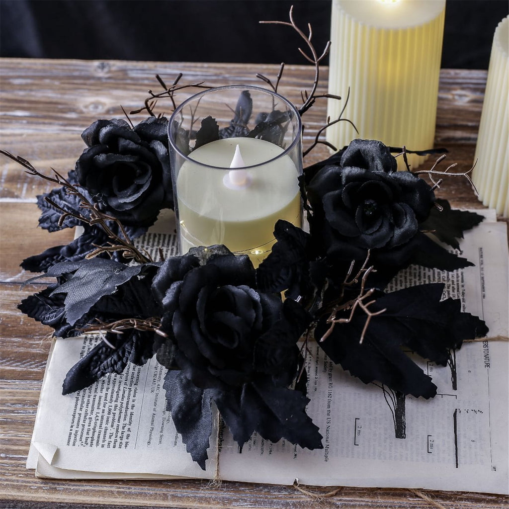 TETOU 2Pcs Halloween Candle Rings Wreath for Pillar Candle Holder, Maple Leaf Black Rose Small Wreaths for Fall Thanksgiving Home Table Centerpieces, Cabinet Decorations - Black