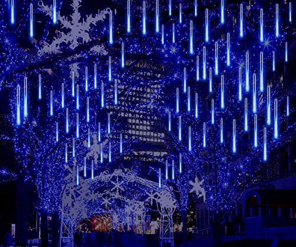 Morttic Meteor Shower Lights, Outdoor Falling Rain Lights 12 inch 8 Tube 192 LED Snow Falling Icicle Cascading Lights for Xmas Tree Halloween Decoration Wedding Party, Blue