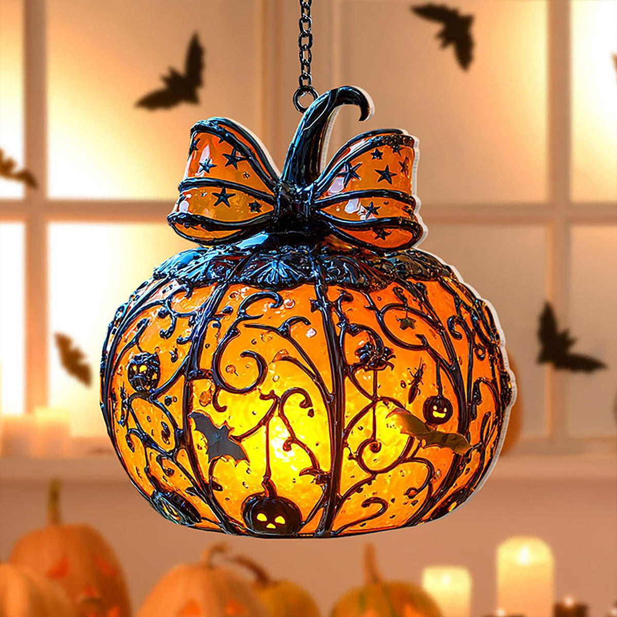AZXY Stained Glass Hanging Pumpkin Ornament, Halloween Decor, Halloween Pumpkins, Halloween Decorations, Halloween Party Decor,Bat Star Pumpkin Hanging Decor for Indoor Window Tabletop