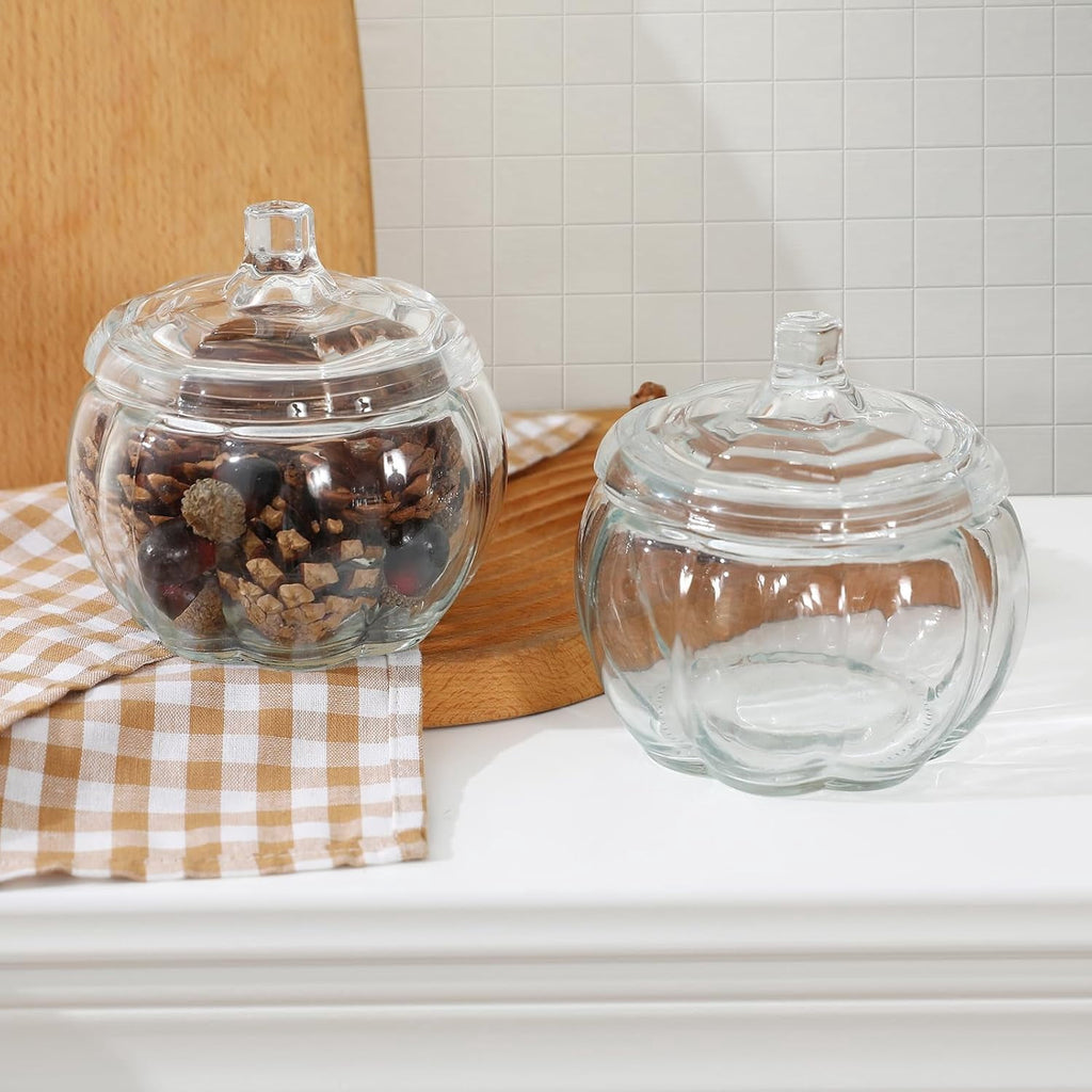 2 PCS Glass Pumpkin Jars with Lid-Halloween Candy Storage for Home Fall Thanksgiving Halloween Party Centerpieces Decor