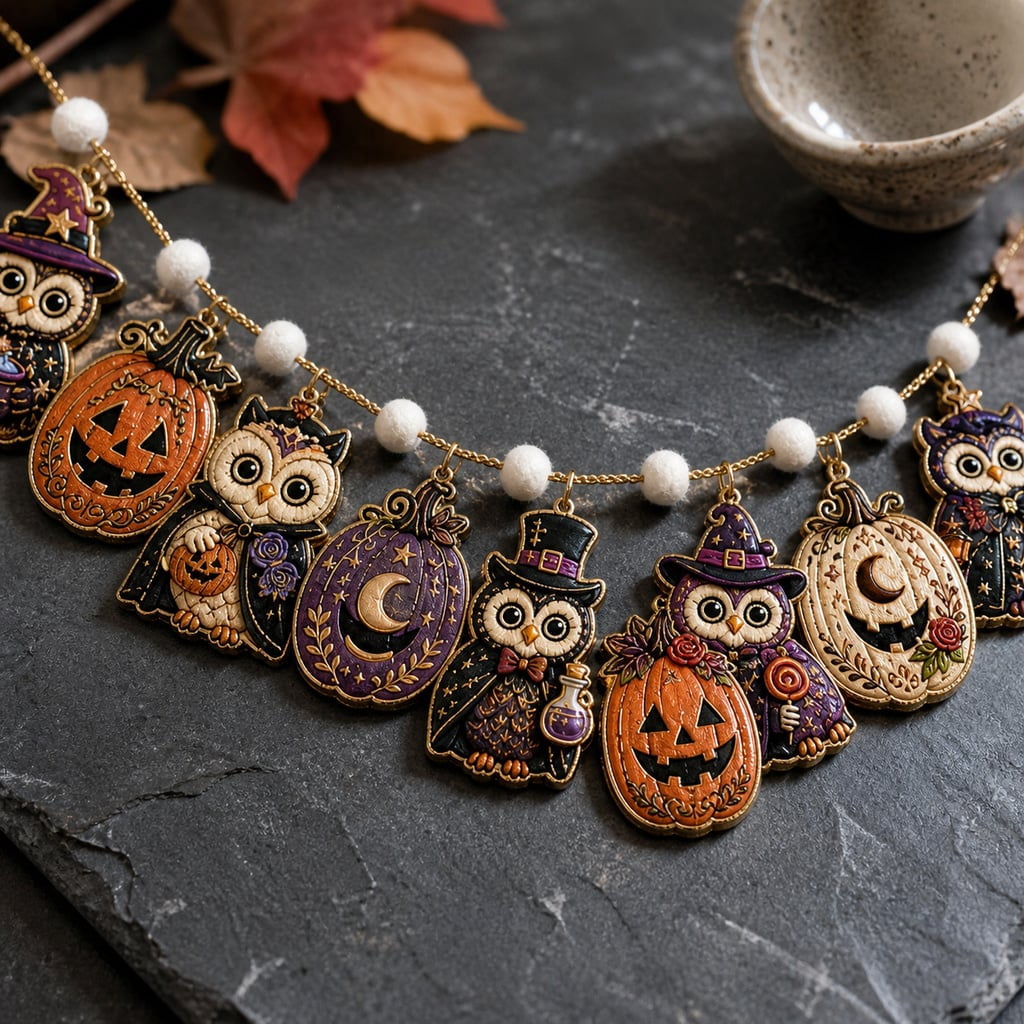 Garland Witch Owl Pumpkin Wooden Mantel Wall Hanging Halloween Home Decor
