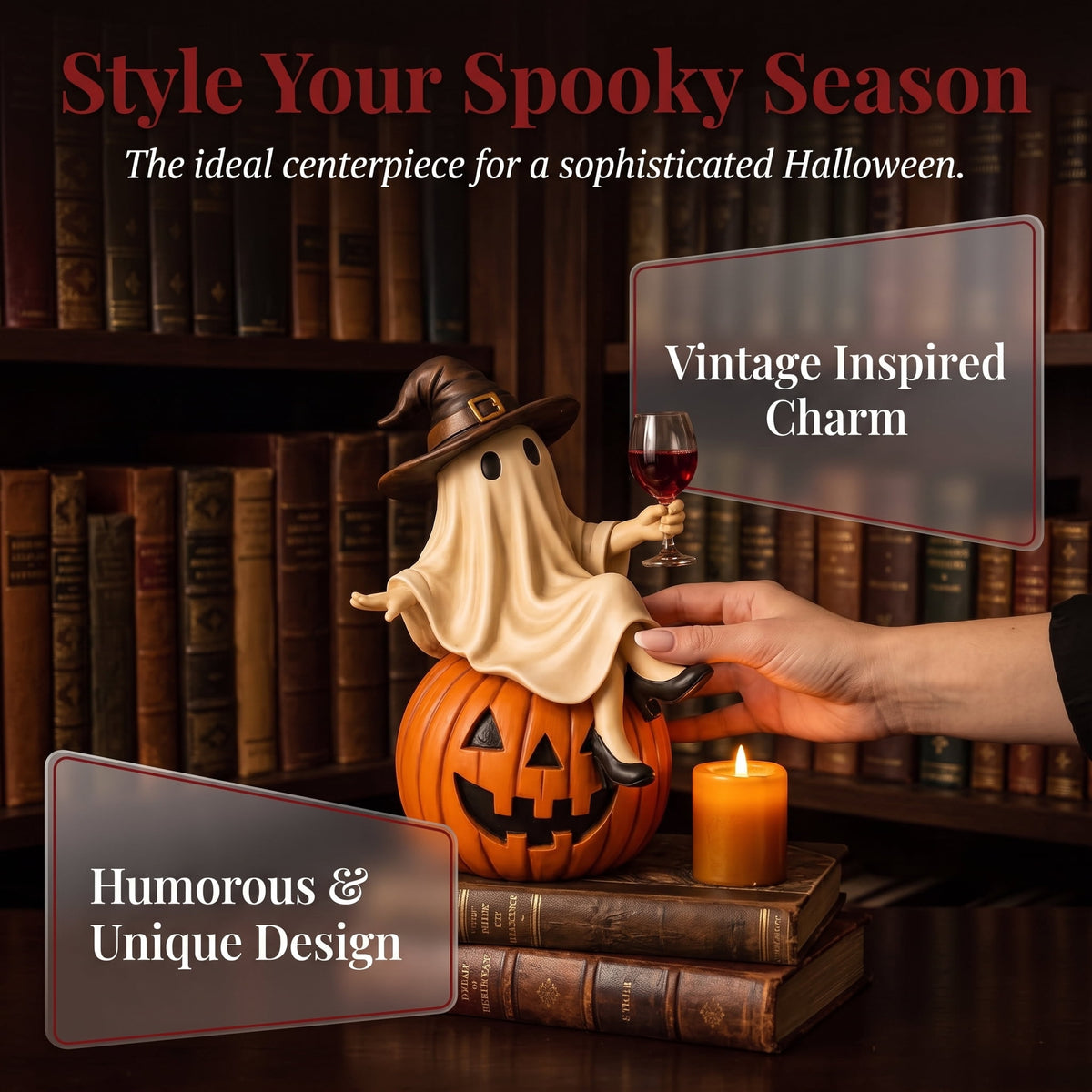 Ghost Decor, Halloween Figurines, Ghost Drinking Coffee Figurine, Witch on Pumpkin, Wine Glass, Spooky Home Accent