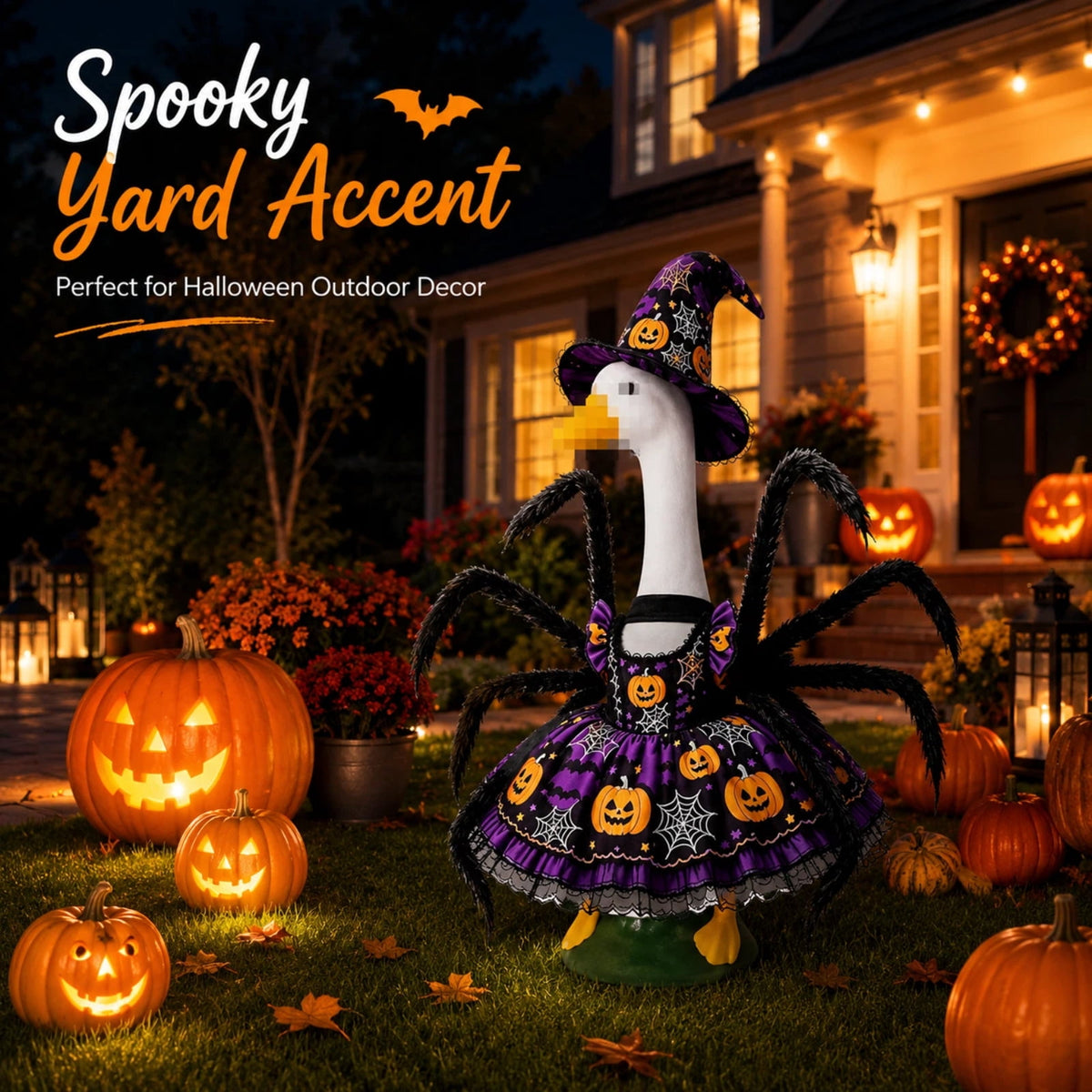 Porch Goose Halloween Outfit for 23 Inch Goose Statue, Witch Hat Dress with Fuzzy Spider Legs, Pumpkin Spiderweb Goose Clothes, Funny Yard Lawn Patio Decor