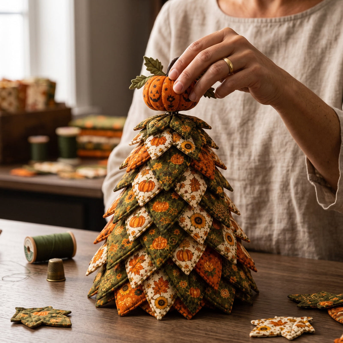 Halloween Fabric Trees - 11.8" DIY Halloween Quilted Fabric Tree Kit, Black Cat Pumpkin Witch Design, Sewing Patchwork Ghost Trees Holiday Table Mantel Decor, Handmade Gift for Craft Lovers