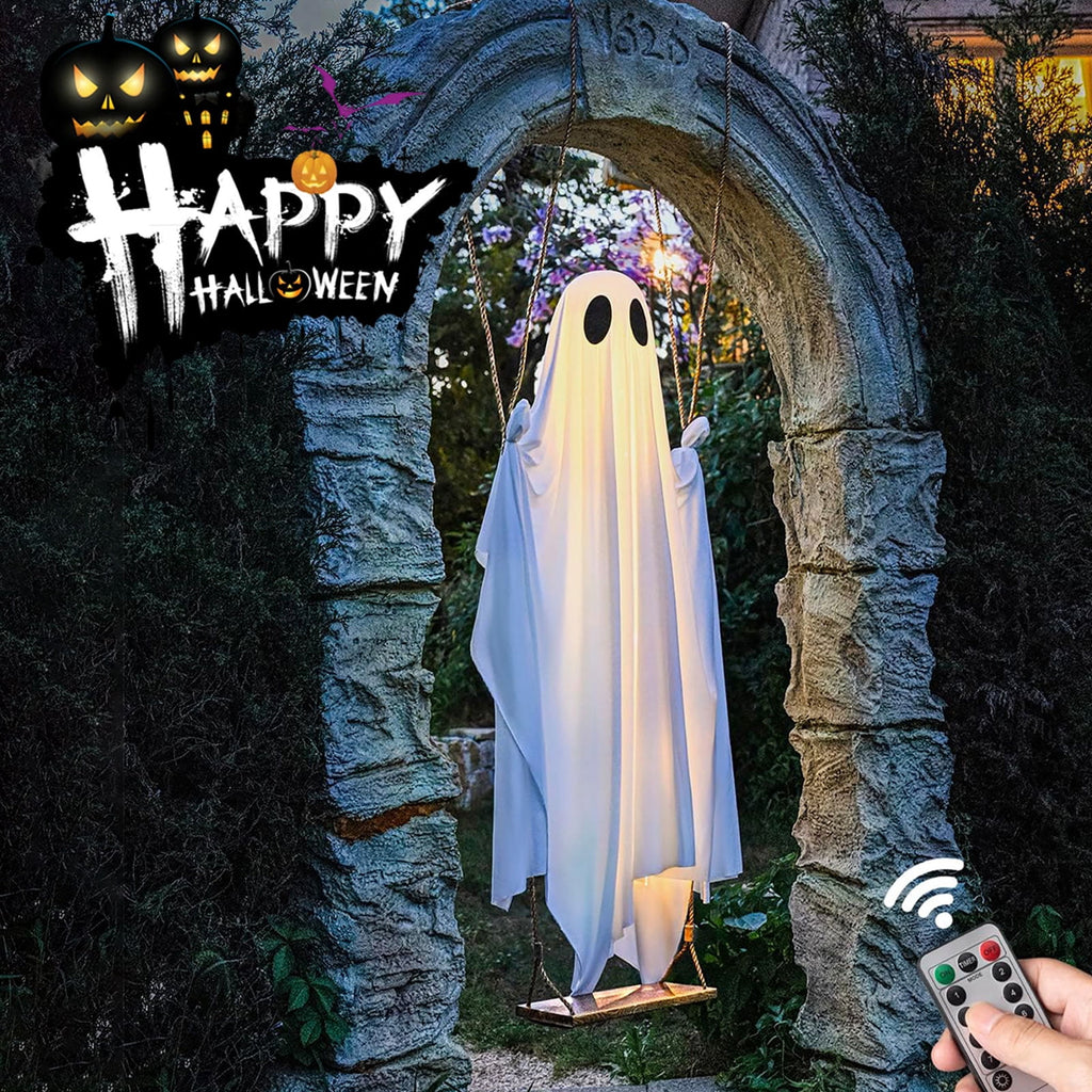 Halloween Decorations Outdoor - 5 FT Large Hanging Swing Halloween Ghost Decor with String Lights - Spooky Cute Ghosts Decorations for Front Porch Yard Tree