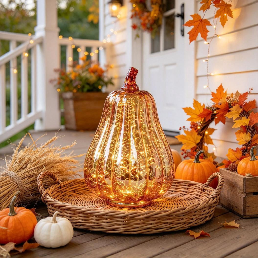 Fall Mercury Glass Light up Pumpkin Decor Fall Decoration for Home Thanksgiving Lamps for Festive Decoration Halloween Decorations Starry Night Pumpkins Tabletop Centerpiece Fall Home Decor