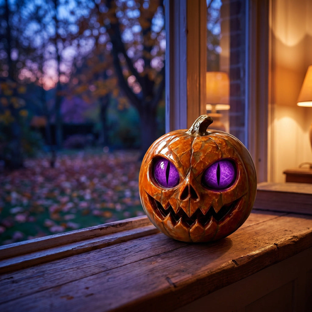 Halloween Scary Jack O Lantern Pumpkin Statue with Color Changing LED Eyes Spooky Tabletop Yard Decor Prop