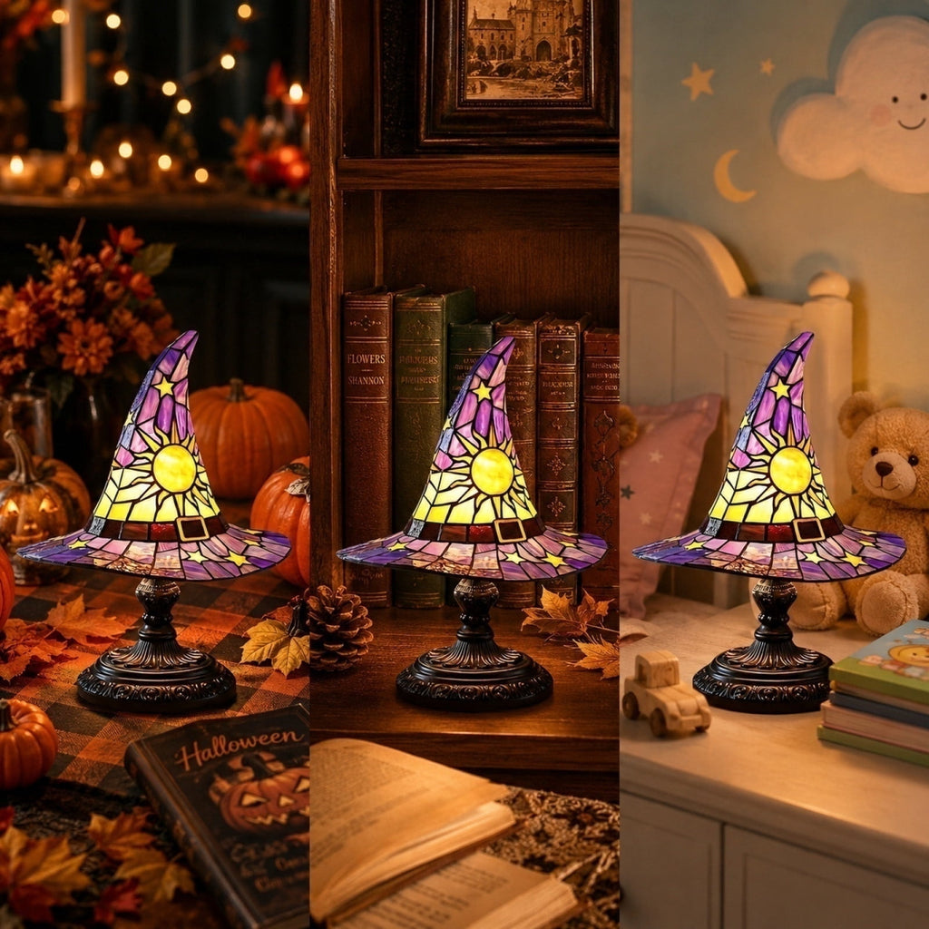 Stained Glass Witch Hat Lamp Gothic Halloween Lighting Decor, Vintage Witchy Hats Night Lights, Handcrafted Retro Resin Table Lamp for Bedroom, Living Room & Home Decor