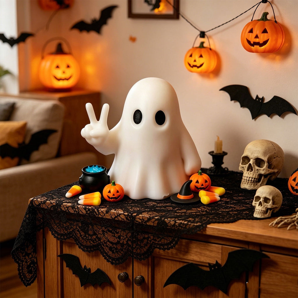 Halloween Ghost Figurine, Resin Lighted Ghost Ornament with Pumpkin Lantern & Beverage Cup, Tabletop Halloween Indoor Decor