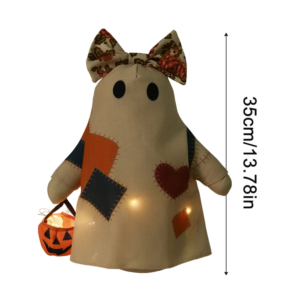 Lighted Vintage Patchwork Ghost, Light Up Ghost with Pumpkin Lantern Halloween Decor, Indoor Tabletop LED Ghost, Retro Patchwork Halloween Ornament with Pumpkin Bucket for Mantel Shelf Entryway Porch