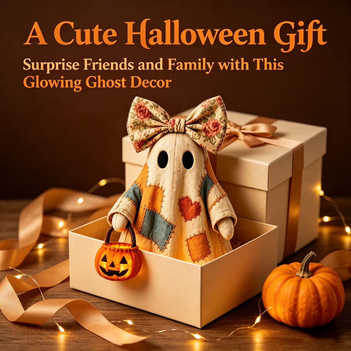 Win s Way Lighted Vintage Patchwork Ghost Decor Glowing Ghost Figurine with Pumpkin Lantern Farmhouse Style Light Up Statue for Mantel Shelf Entryway Table Fall Decorations