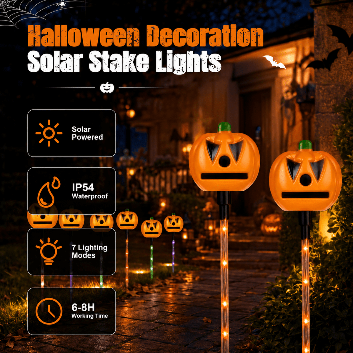 DAKIMOE Solar Halloween Path Lights, Lantern Stake Outdoor String Lights, 6-Pack