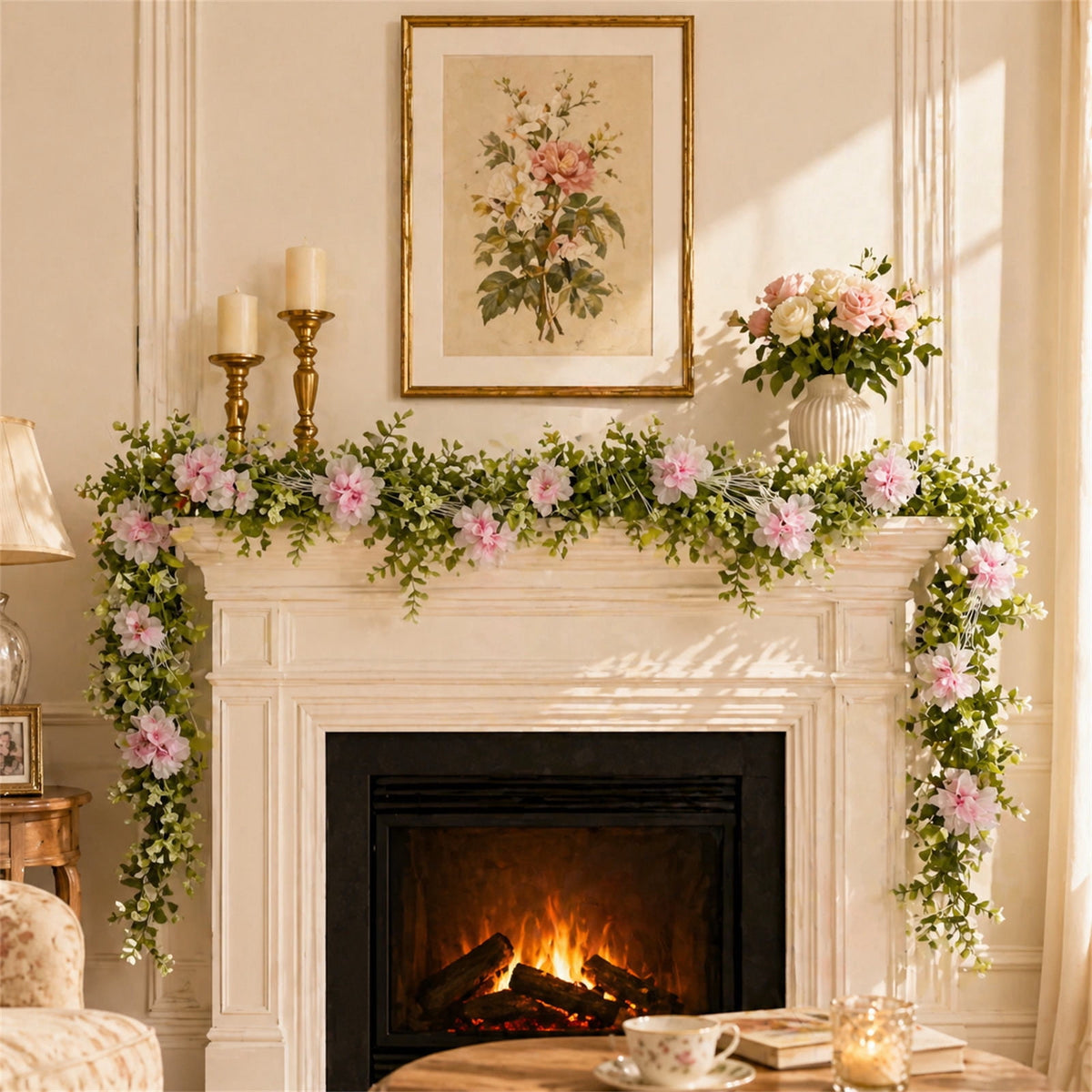 Spring Artificial Flowers Garland, 70 inch Fake Eucalyptus Vine Cherrys Blossoms Hanging Garland Rattan for Mantle Fireplace Wedding Indoor Outdoor Home Decor