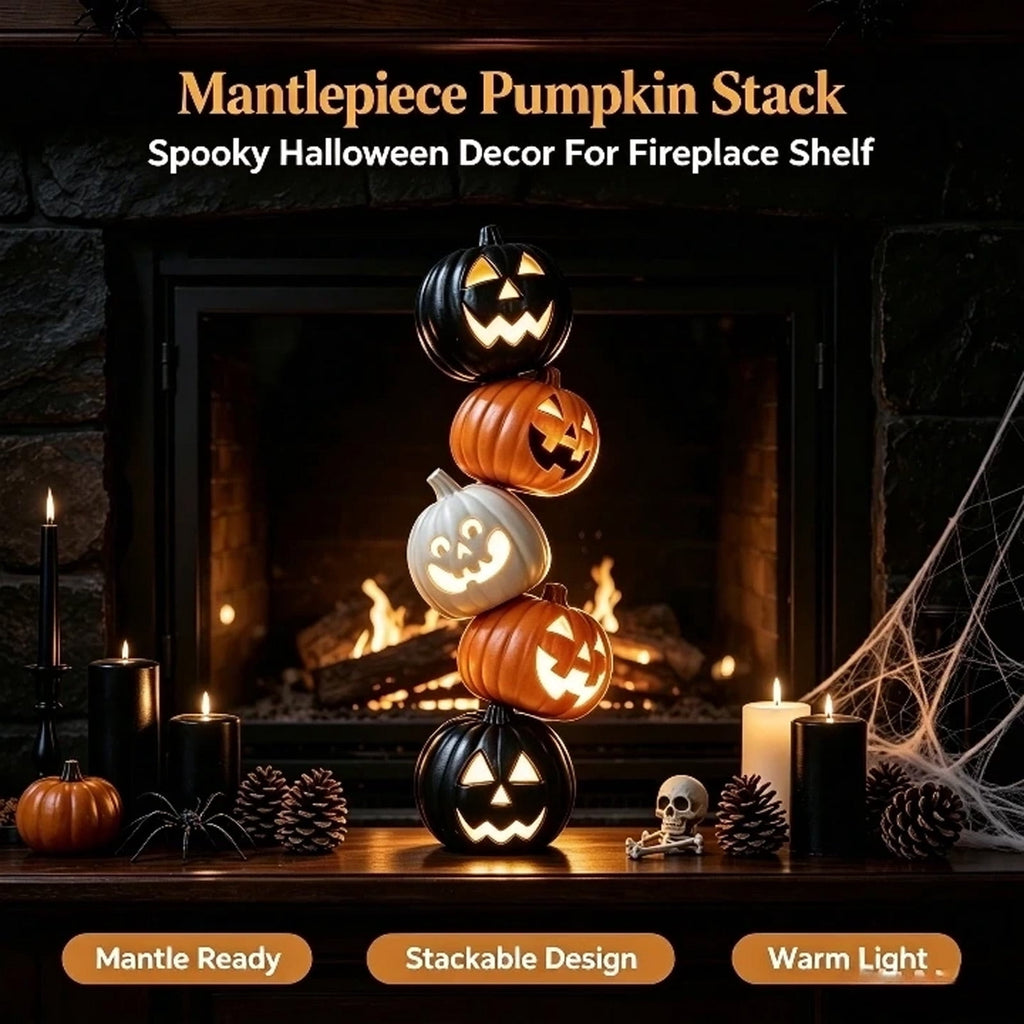 Halloween Stacked Light Up Pumpkin Lantern Statue, Multi-Color LED Pumpkin Tower Figurine, Halloween Glowing Pumpkin Stack Decor, for Front Yard, Porch, Lawn, Party