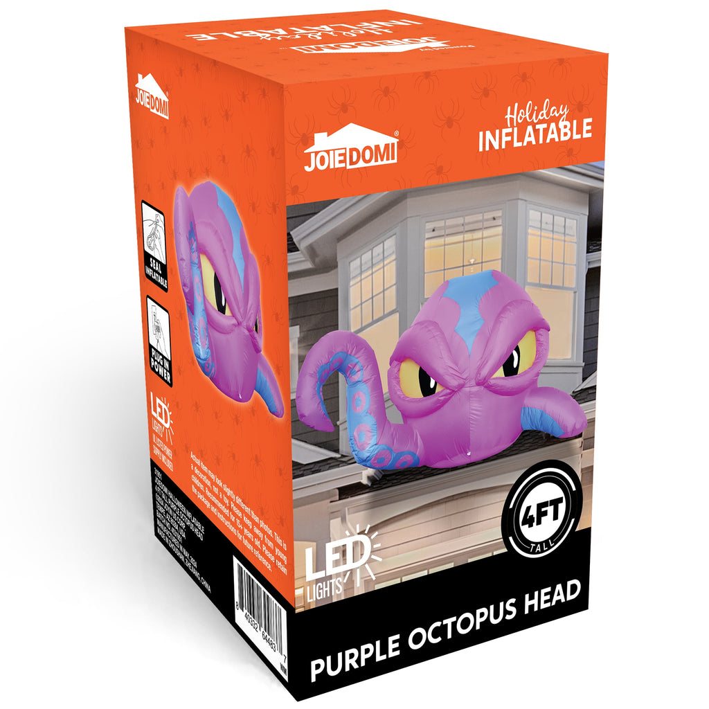 Joyfy 4 FT Halloween Inflatable Purple Octupos Head with Tentacles Broke Out from Window with Built-in LED Blow Up Inflatable for Window Decoration Yard Garden Lawn Decor