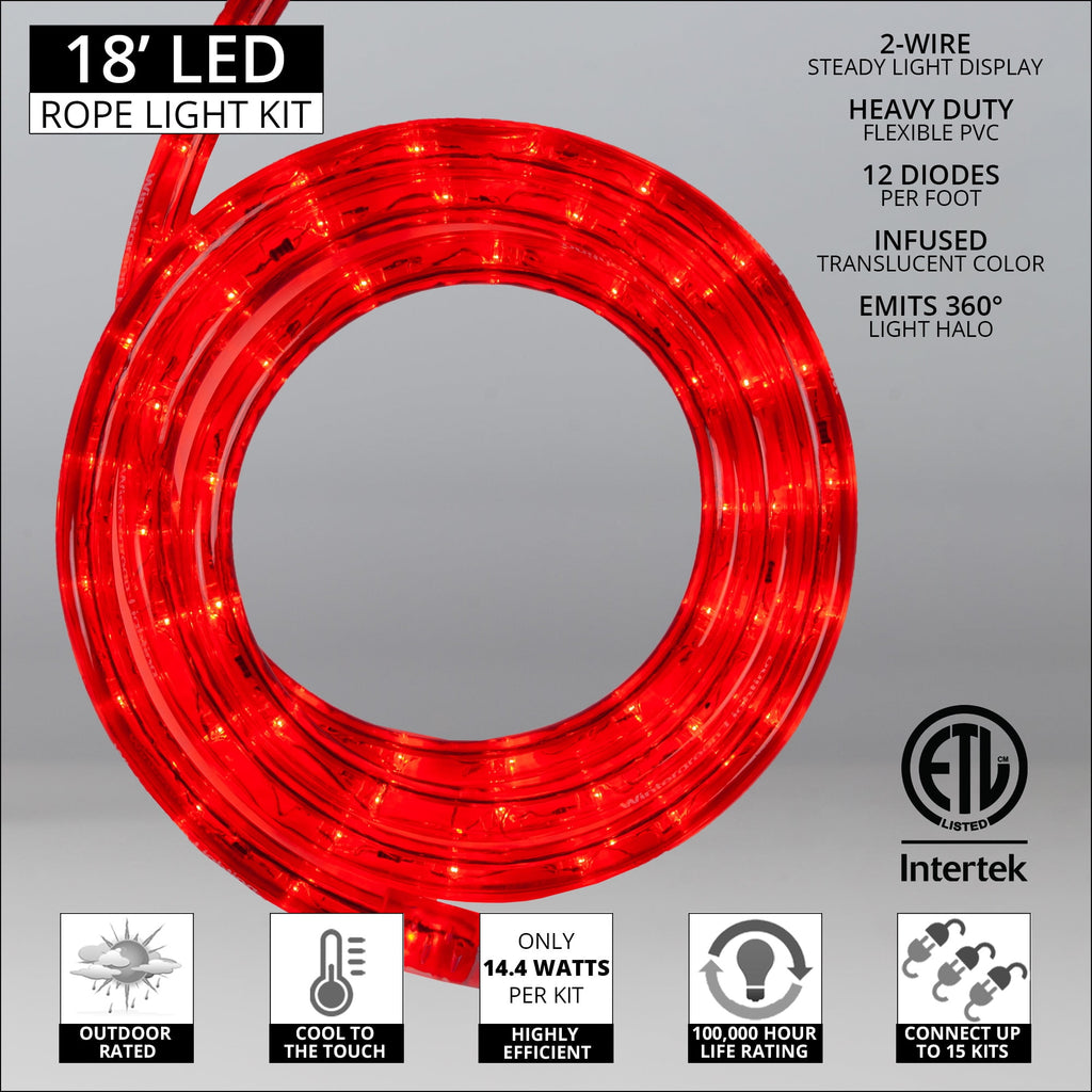 18 ft. LED Warm White Rope Light Kit, 216 Lights, Connectable Ready-to-Install Christmas Decorative Party Lighting, Mounting Clips Included