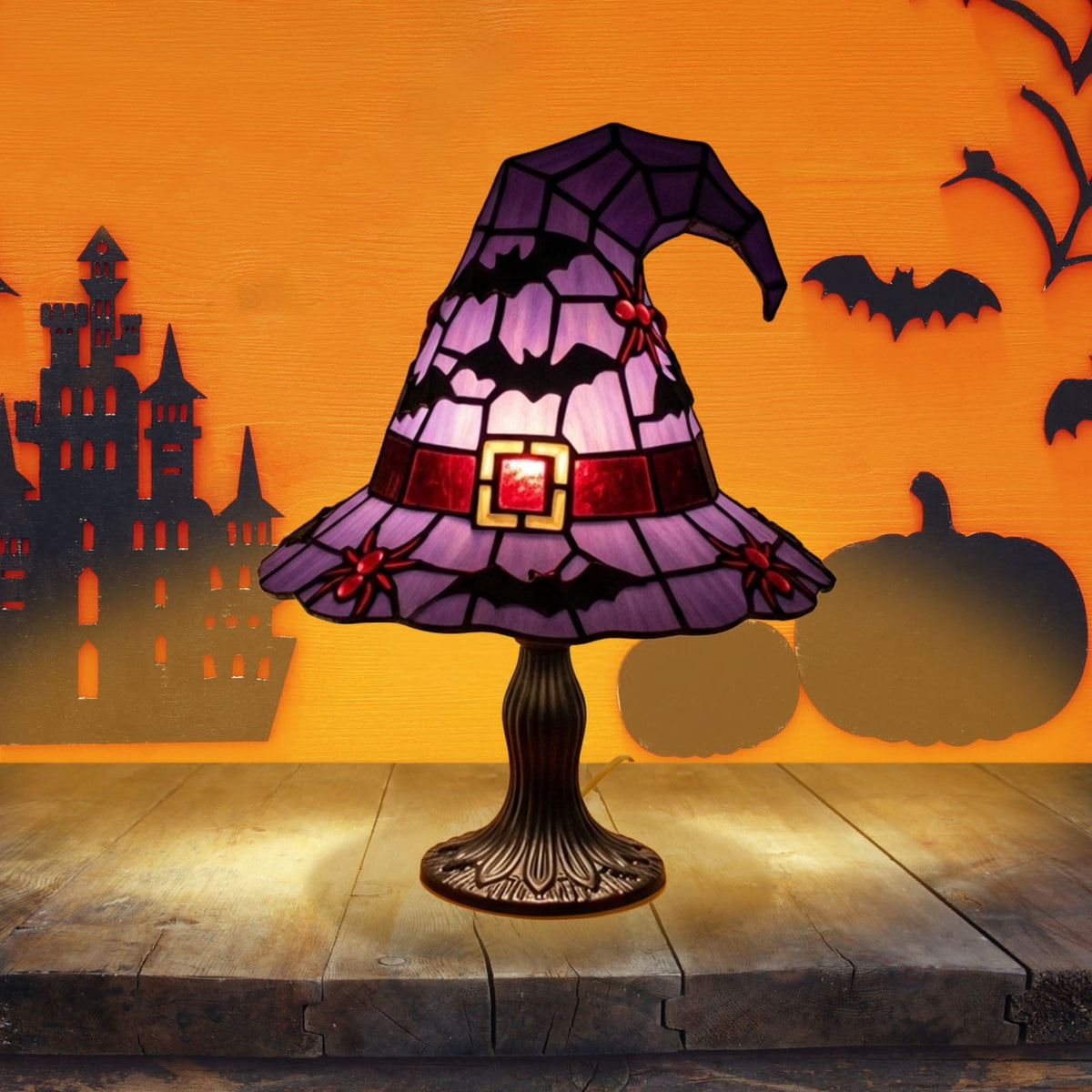 Stained Glass Witch Hat Lamp Gothic Halloween Lighting Decor, Vintage Witchy Hats Night Lights, Handcrafted Retro Resin Table Lamp for Bedroom, Living Room & Home Decor