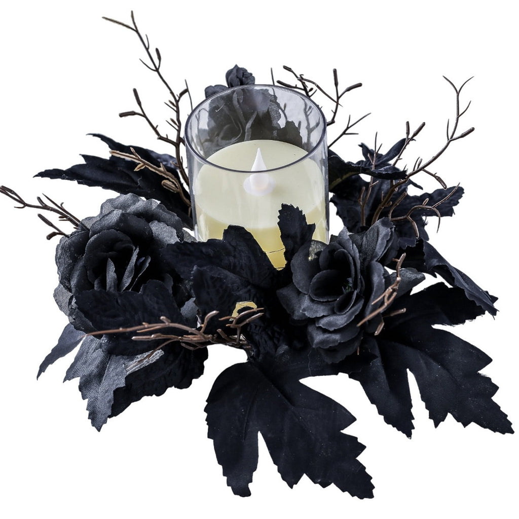 TETOU 2Pcs Halloween Candle Rings Wreath for Pillar Candle Holder, Maple Leaf Black Rose Small Wreaths for Fall Thanksgiving Home Table Centerpieces, Cabinet Decorations - Black