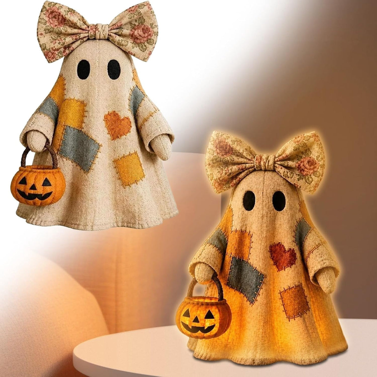 Lighted Vintage Patchwork Ghost, Light Up Ghost with Pumpkin Lantern Halloween Decor, Resin Ghosts Lamp, Rustic Fall Figurine Decoration for Tabletop Mantel Shelf Entryway Porch-9.44"