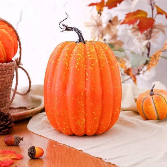 CQHVKQ 8 Inch Large Artificial Pumpkin Fall Decorations, Realistic Fake Harvest Pumpkin, Orange Gold Decorative Pumpkins for Table Centerpieces, Fall, Thanksgiving & Halloween DIY