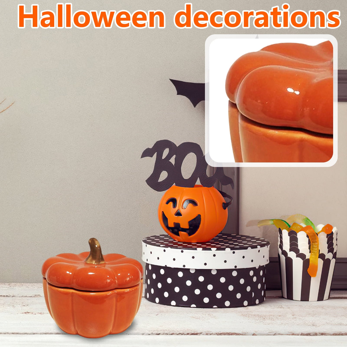 Halloween Pumpkin Ceramic Candle Bowl Decoration, Glazed Porcelain Pumpkin Shaped Tealight Holder for Tabletop Mantel Shelf Entryway Fall Accent Ornament for Cozy Home Styling and Warm Candle Glow