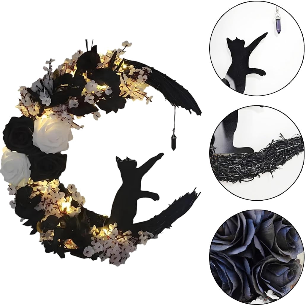 14" Halloween Wreath for Front Door Halloween Moon Cat Wreathr with Rose Floor for Home Decoration Cat Moon Hanging Wreath Decoration for Home Party Indoor Outdoor