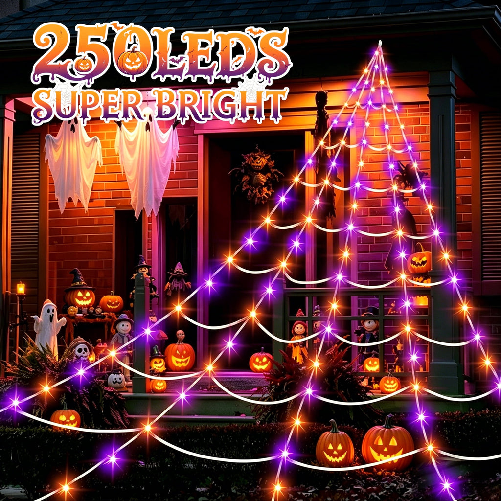 VOLIVO Halloween Spider Web Light, 250 LED 15.7 x 16.4 FT Halloween Decor, 8 Modes Remote Waterproof for Indoor Outdoor Party (Purple & Orange)