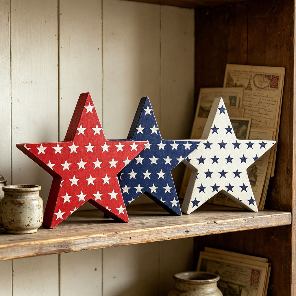 Japceit 3Pcs 4Th Of July Decorations Wooden Stars,Red White Blue Patriotic Decor, Independence Day Ornaments Set,For Home Office Table Shelf